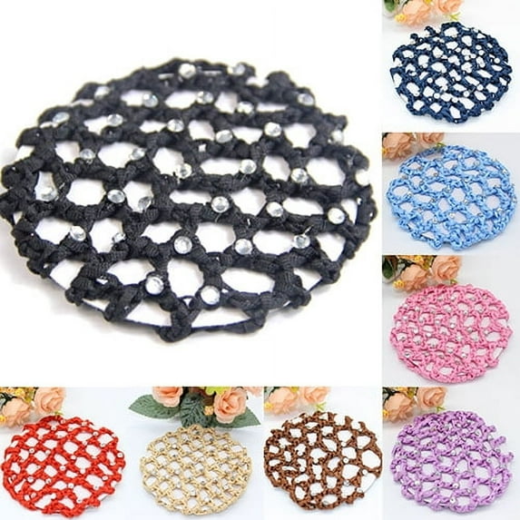 SPRING PARK 4pcs Ladies Knit Mesh Fabric Rhinestone Bun Cover Snood Hair Net hair Accessories For Ballet Dance Skating Sports and Daily Working