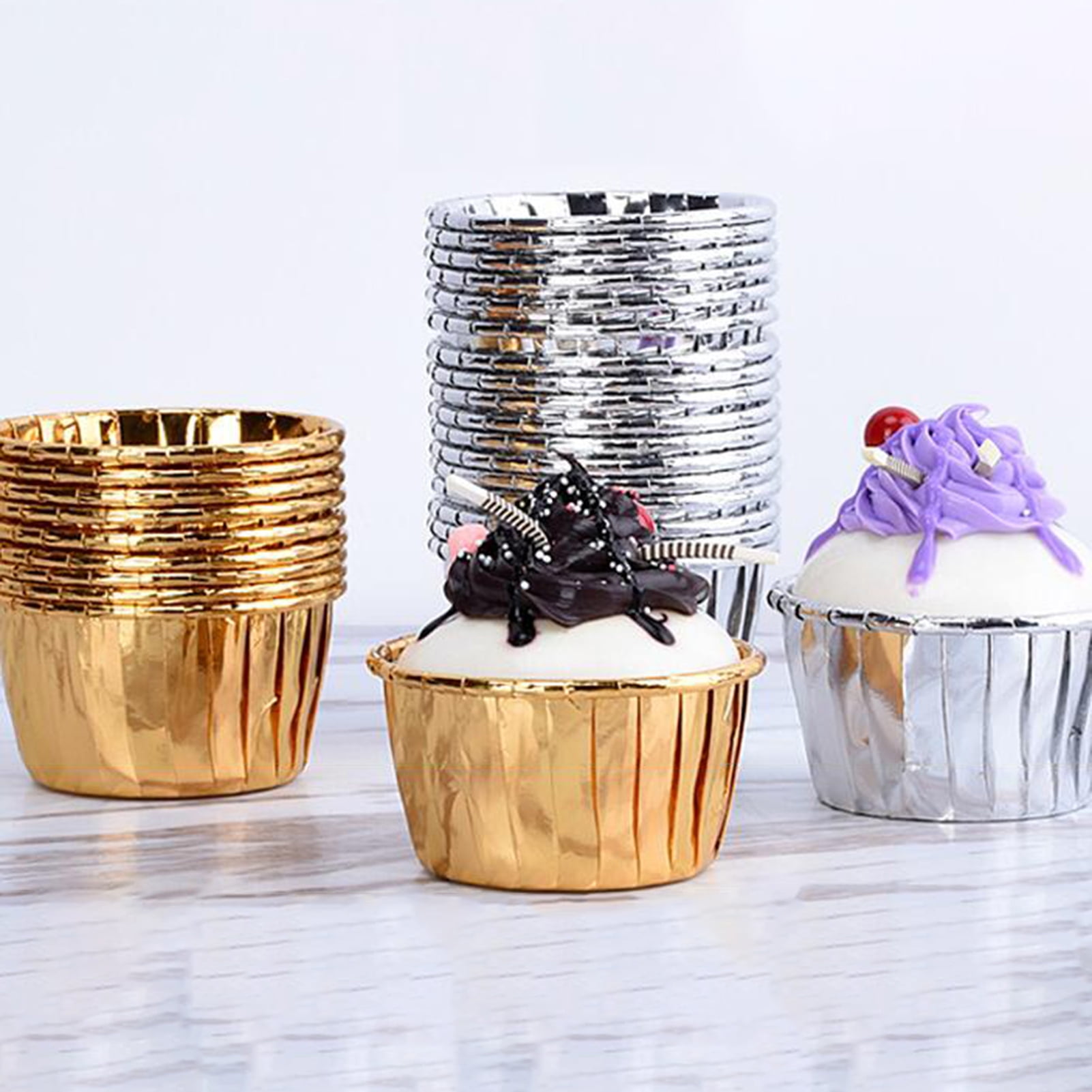 SPRING PARK 50Pcs Muffin Cake Baking Cups, Aluminum Foil Metallic Paper