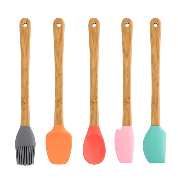 SPRING PARK 5Pcs/Set Mini Spatulas Scrapers with Bamboo Handle, Multi-Color High Temperature Resistant Baking Spatula, for Baking, Mixing, Cooking, Gifts for Bakers
