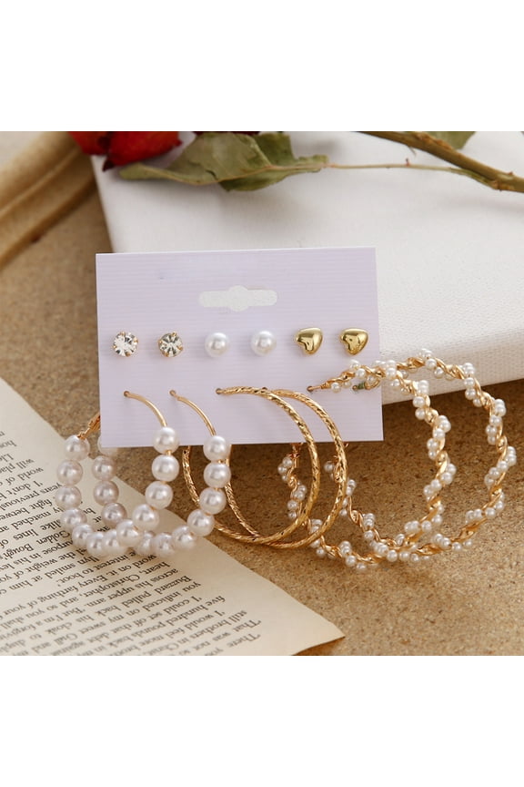 6 Pairs Pearl Hoop Earrings for Women Lightweight Open Large Circle Faux Pearl Beaded Earrings