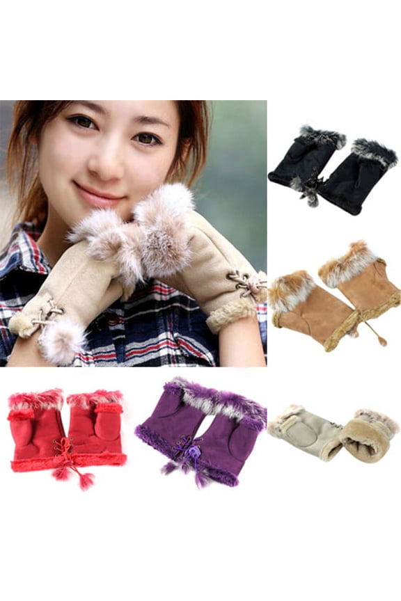 9 Colors Women's Winter Faux Rabbit Fur Faux Leather Soft Fingerless Mittens Wrist Gloves