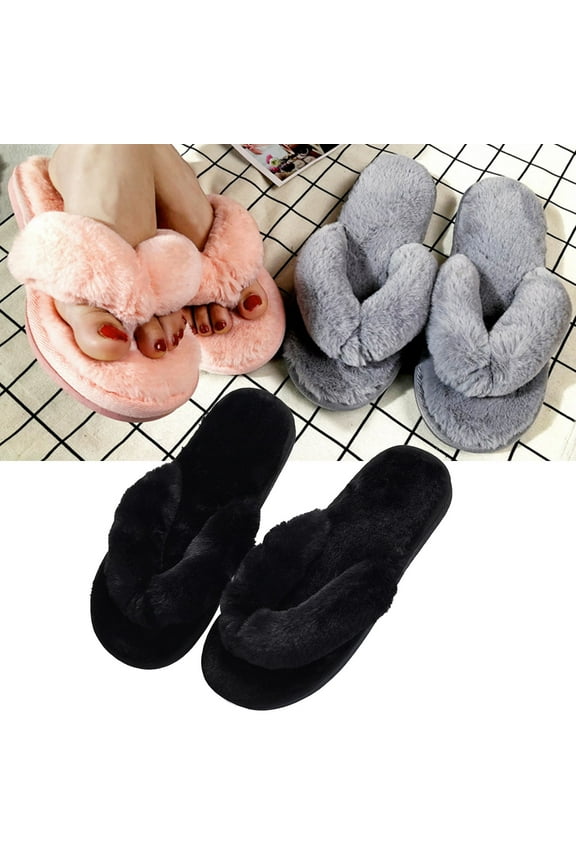 Aerusi Women Faux Fur Flip Flops Slide Slippers Anti-Slip Flip Flops Home Shoes