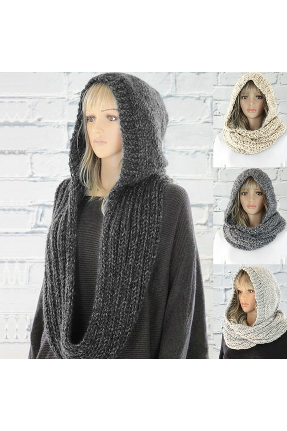 Autumn Classic Winter Women Elegant Solid Color Warm Knit Scraf Woolen Yarn Hood Cap + Neck Wrap Together 4 Colors