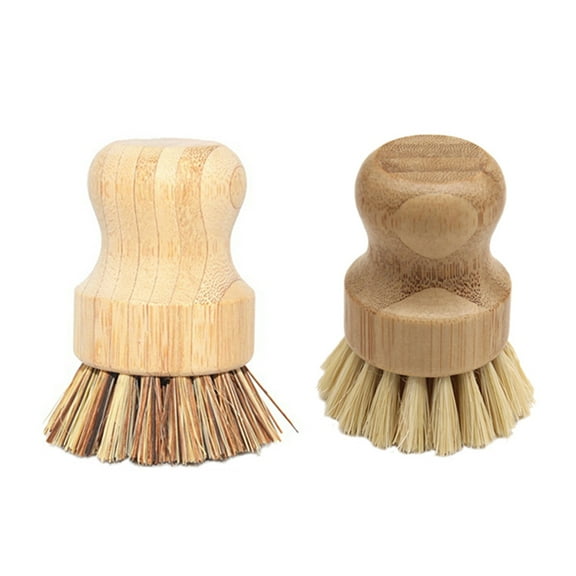 SPRING PARK Bamboo Round Mini Palm Scrub Brush, Stiff Bristles - Wet Cleaning Scrubber - Wash Dishes, Pots, Pans, Vegetables - for Kitchen Sink, Bathroom, Household Cleaning