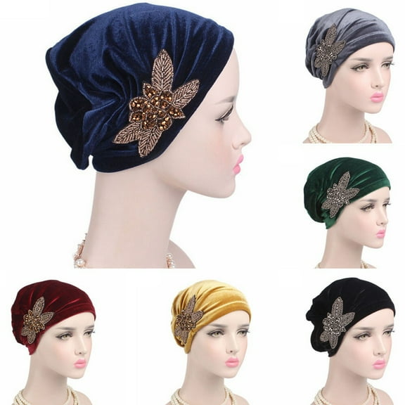 SPRING PARK Beads Flower Women Cancer Chemo Velvet Hat Muslim Beanie Turban Head Outdoor Wrap Cap