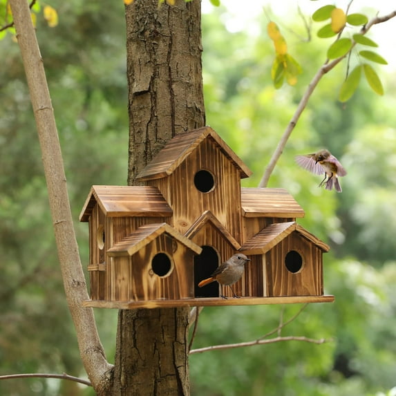 SPRING PARK Bird House,Bird House for Outside,Wooden Bird Houses for Outside Hanging,Bird Houses for Outside Clearance,6 Hole Handmade Natural Bird House for Backyard/Courtyard/Patio Decor