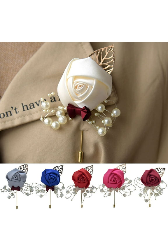 Bow Tie Pearl Beads Bride Wedding Satin Flower Groom Corsage Pin Brooch For Men