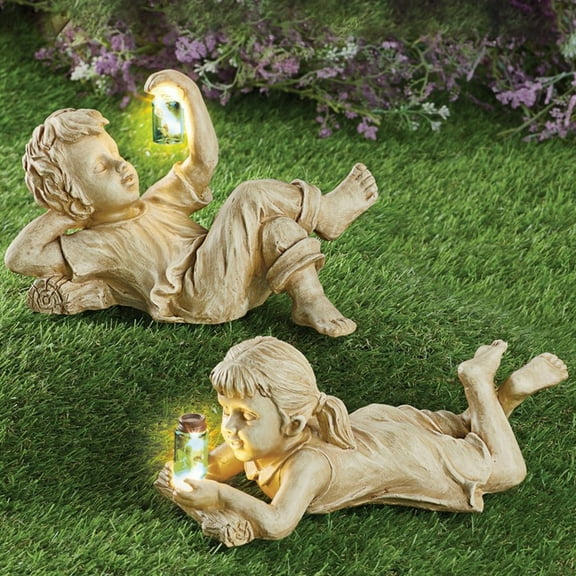 SPRING PARK Boy Girl Garden Statue, Solar Lighted