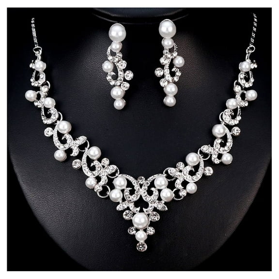 SPRING PARK Bridal Women Necklace Faux Pearl Rhinestone Wedding Earrings Jewelry Set
