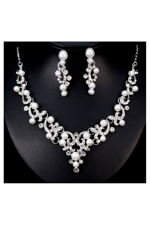 Bridal Women Necklace Faux Pearl Rhinestone Wedding Earrings Jewelry Set
