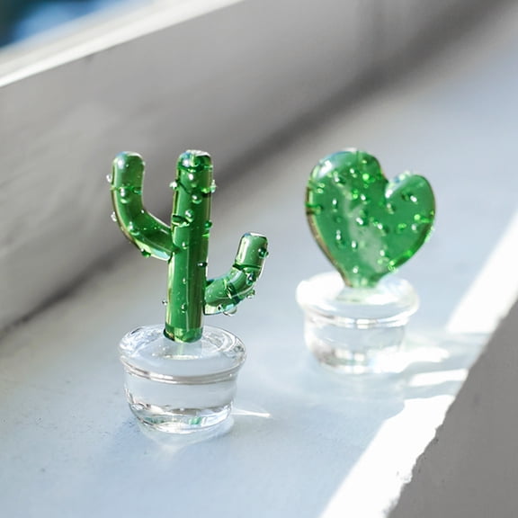 SPRING PARK Cactus Glass Ornaments Tropical Plant Potted Cactus Collectible Sculpture Blown Glass Ornament for Fall Harvest Thanksgiving Desktop Craft