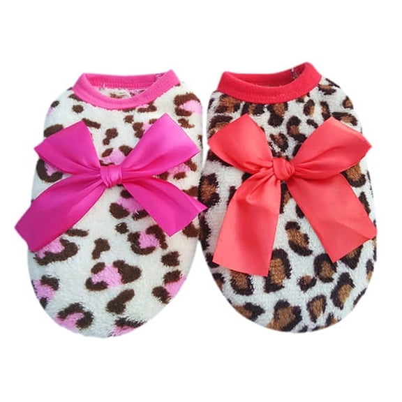 SPRING PARK Cartoon Small Dog Warm Winter Leopard Bowknot Fleece Clothes Pet Puppy Cute Vest Dog Cat Apparel