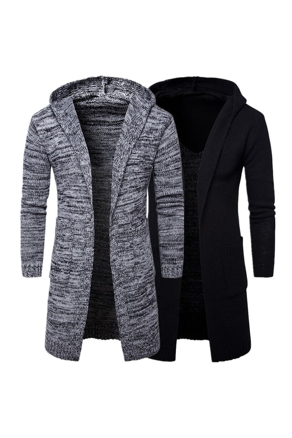 Casual Men Solid Color Long Sleeve Pockets Thick Knitted Cardigan Hooded Gentle Coat