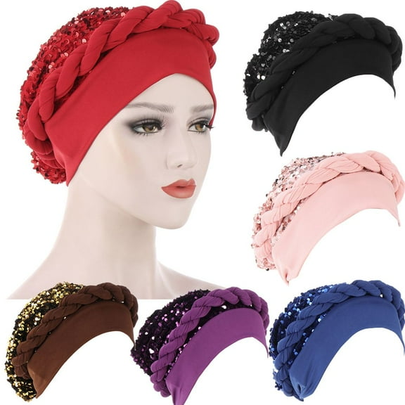 SPRING PARK Chemo Cancer Head Hat Cap Ethnic Shiny Sequins Twisted Braid Hair Cover Wrap Turban Headwear