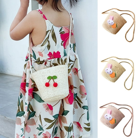 SPRING PARK Children Fashion Summer Straw Shoulder Bags Hand-Woven Beach Crossbody Hanging Bag
