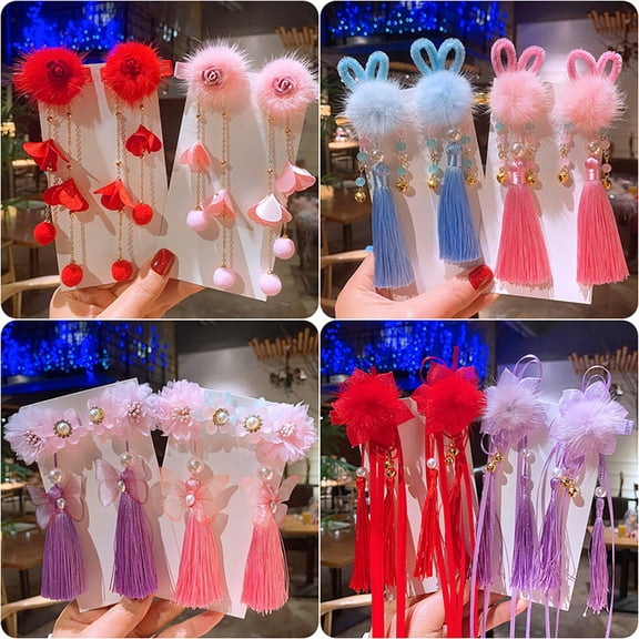 SPRING PARK Chinese Style Hair Clips Baby Girls Clips Pompom Balls Tassel Hair Hairpins