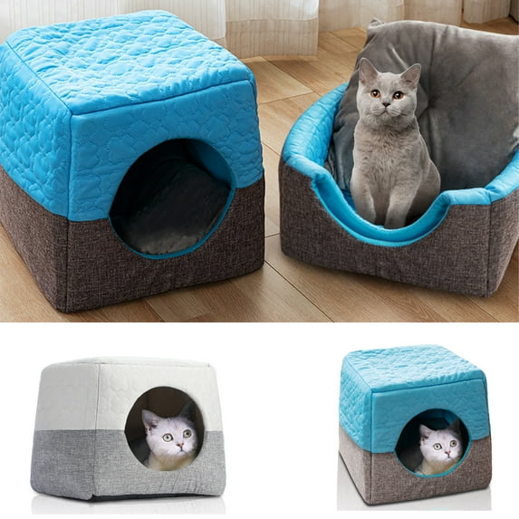 SPRING PARK Cotton Linen Self-Warming 3 in 1 Foldable Cave House Shape Nest Pet Sleeping Bed with Cushion for Cats and Small Dogs