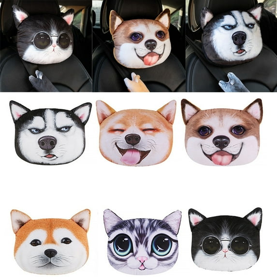 SPRING PARK Cute Cartoon Puppy Kitten Printed Detachable Headrest Car Seat Neck Pillow Cushion for Auto Vehicle, Car Cute Cartoon Interior