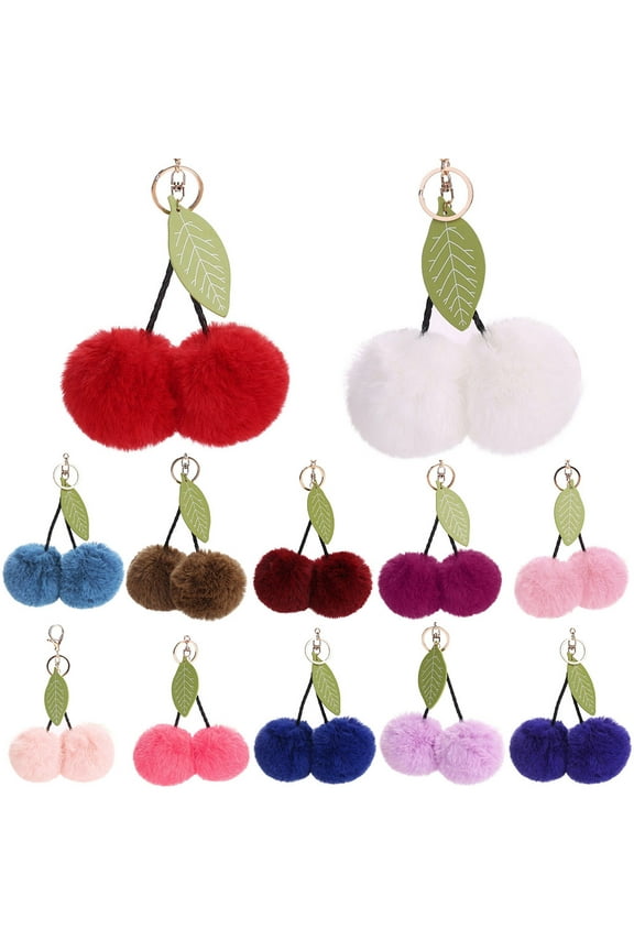 Cute Cherry Keychain Fluffy Pom pom Ball Bag Car Pendant Charm Key Keyring