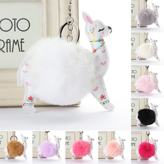 SPRING PARK Cute Keychain Pink Fluffy Alpaca Faux Rabbit Hair Bag Key Ring