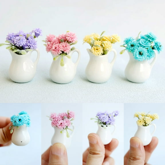 SPRING PARK Dollhouse Miniature Fairy Garden Flower in Pitcher Mini Model Ornament Home Cafe Garden Decor Doll