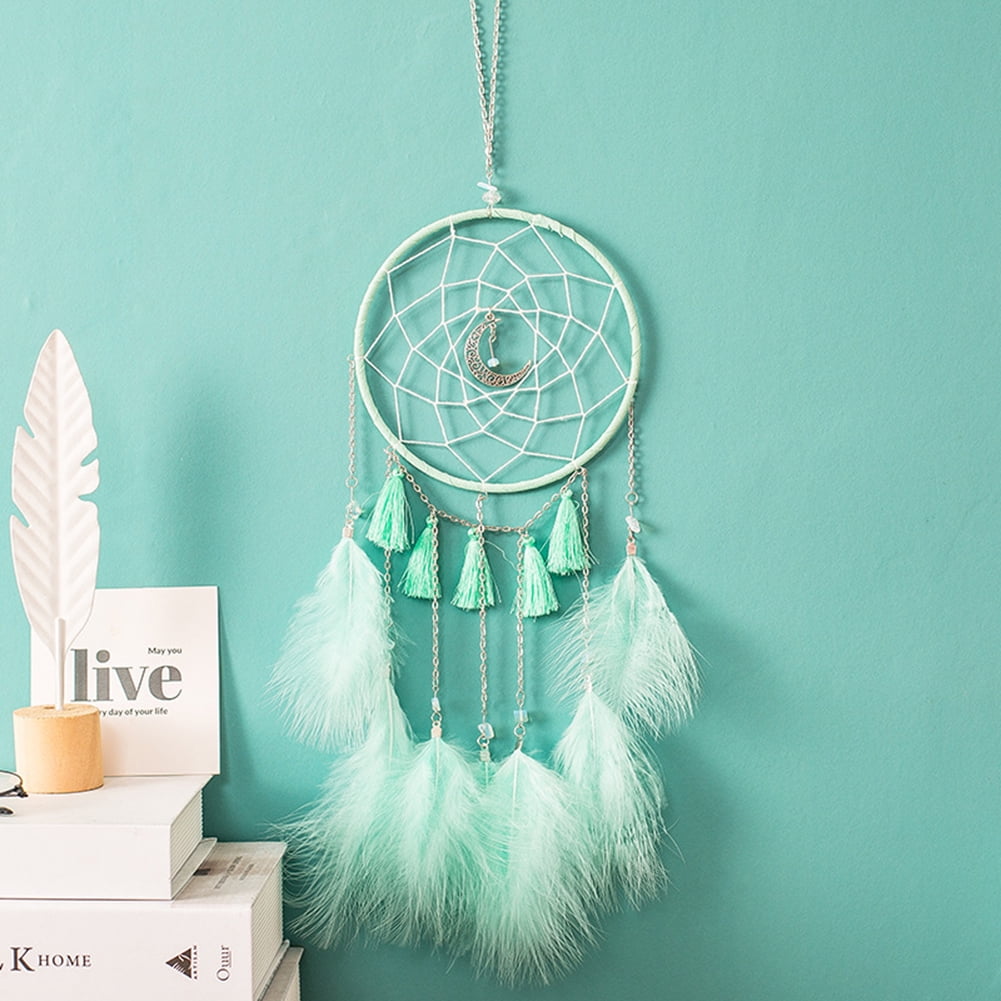 Newrys Handmade Feather Dream Catcher - Moon & Feather Hanging Decor For Car, Window, Porch - White