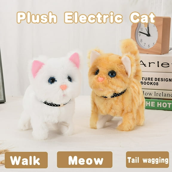 SPRING PARK Electric Plush Cat Baby Interactive Toy, Barking Walking Electric Cat Plush Toys Xmas Gift for Kids (Not Included Batteries)