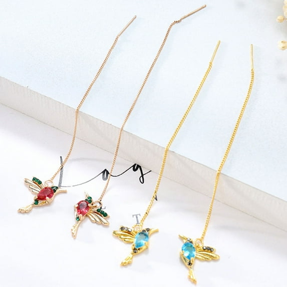 SPRING PARK Elegant Rhinestone Long Tassels Dangle Earrings Hummingbirds Crystal Drop Earring Set