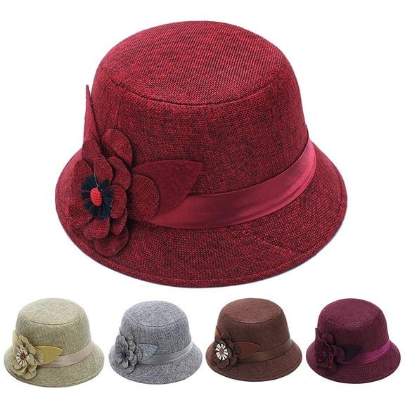 SPRING PARK Elegant Solid Color Women Floral Ribbon Vintage Linen Bowler Classic Sun Hat Fedoras Bucket Cap