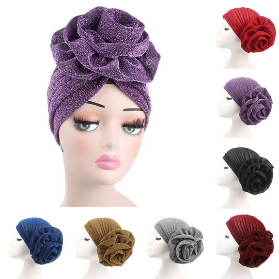 SPRING PARK Fashion Big Flower Glitter Turban Hat Adult Elegant Muslim Indian Elastic Cap Women Head Wrap Headwear