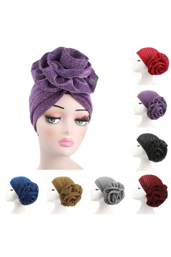 Fashion Big Flower Glitter Turban Hat Adult Elegant Muslim Indian Elastic Cap Women Head Wrap Headwear