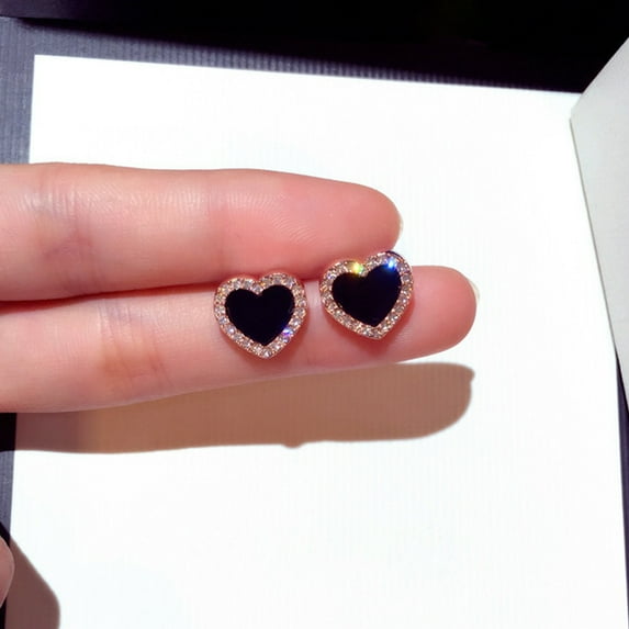 SPRING PARK Fashion Rhinestone Inlaid Black Heart Jewelry Simple Black Ear Studs Earrings Women Gift