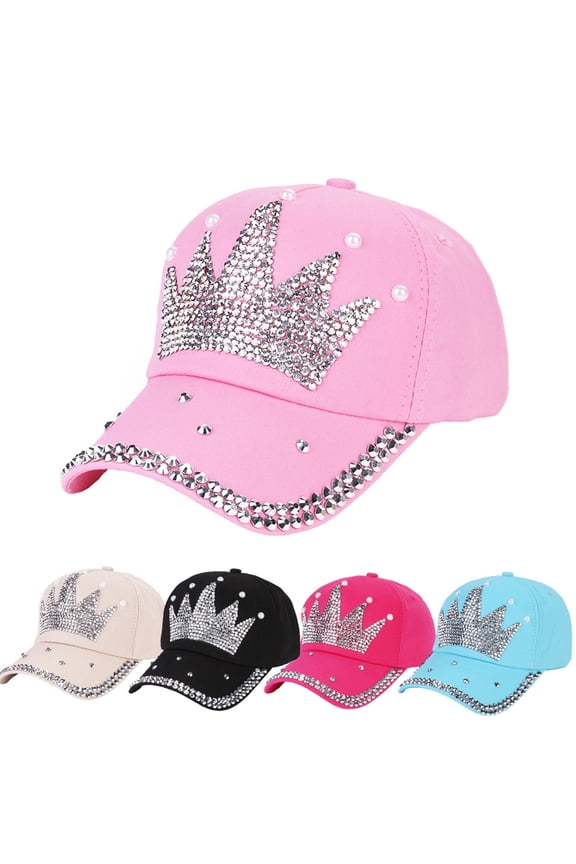 Fashion Women Candy Color Crown Faux Pearl Rhinestone Baseball Cap Tiara Snapback Outdoor Sun Hat