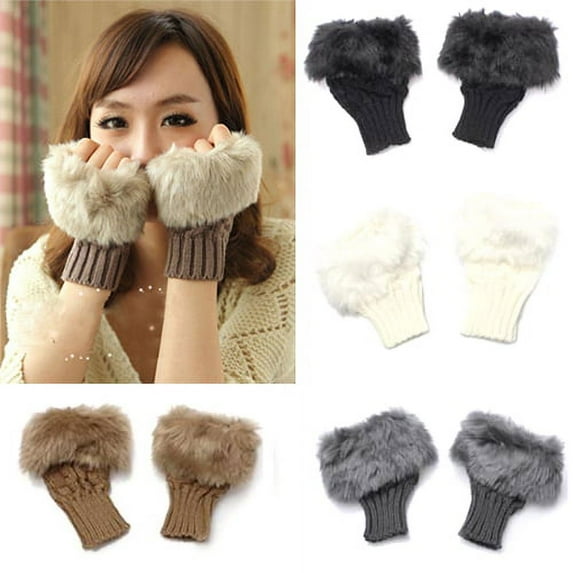 SPRING PARK Fashion Women Faux Casual Rabbit Fur Hand Wrist Warmer Outdoor Winter Fingerless Knitted Gloves