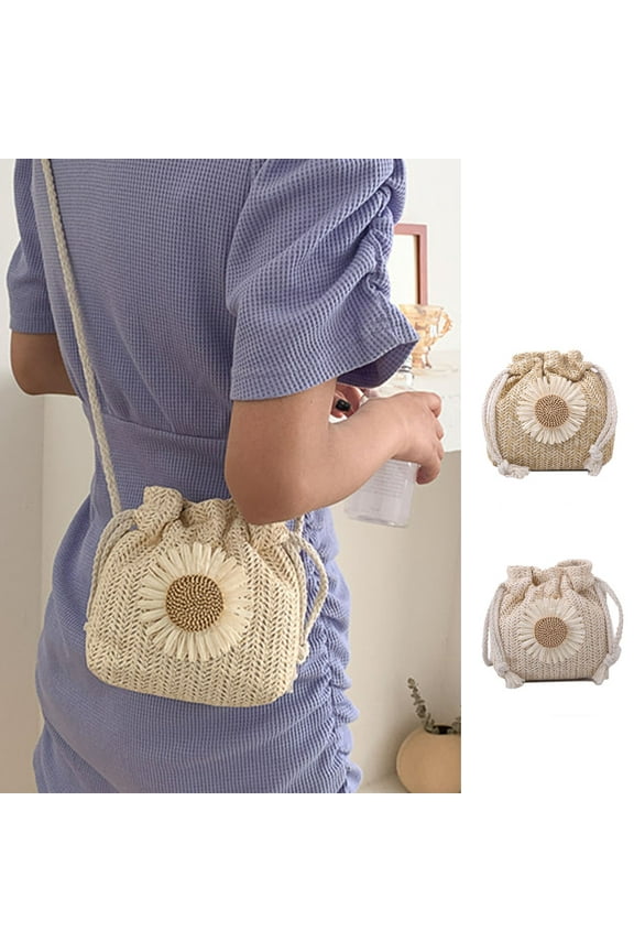 Fashion Women Straw Bucket Shoulder Bag Drawstring Travel Handbag Handle Rucksack