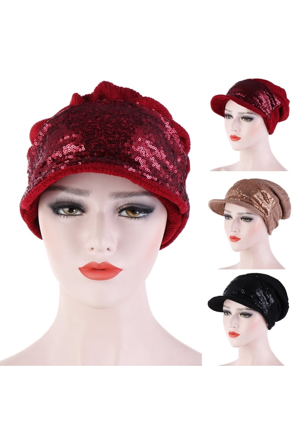 Fashion Women Winter Warm Knit Hat Wide Brim Crochet Cap with Flower Sequin Decor