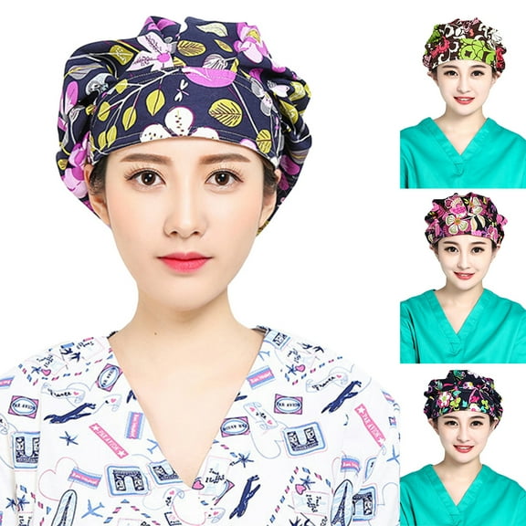 SPRING PARK Floral Print Dust Proof Nerse Chef Scrub Cap Adjustable Round Bouffant Breathable Hat
