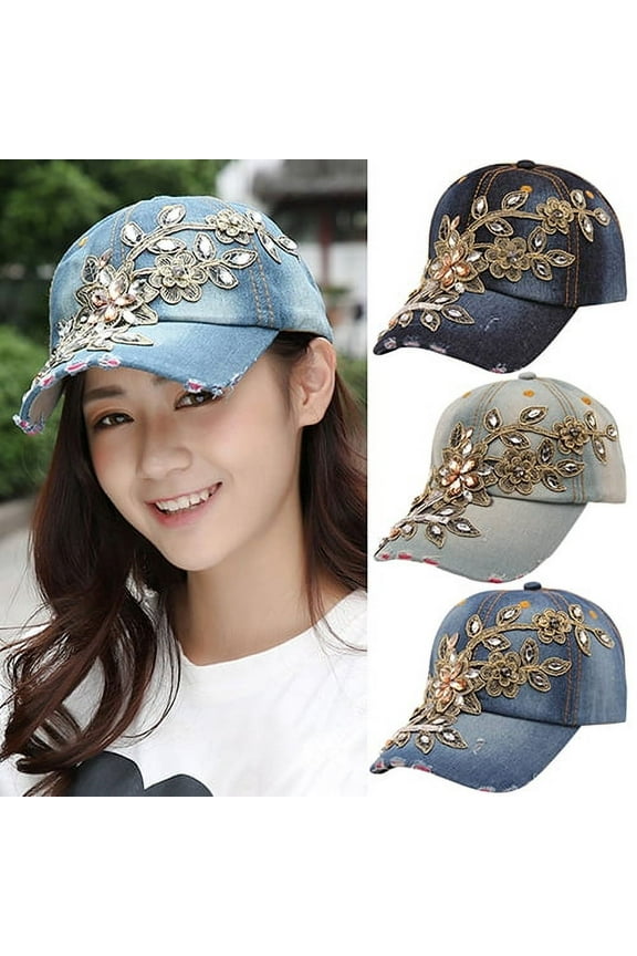 Flower Embossed Rhinestone Gorgeous Denim Baseball Cap Summer Fashion Women Jeans Hat