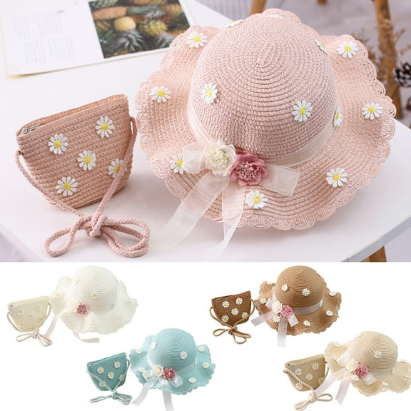 SPRING PARK Girl Bow Sun Hat Sunhat Bag Beach Wide Brim Straw Women Adjustable Floppy Summer