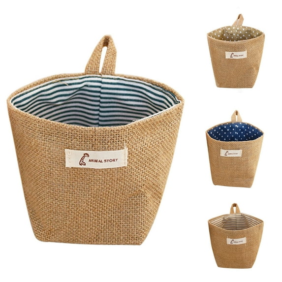SPRING PARK Hanging Storage Bag Cotton Linen Small Storage Basket Collapsible Convenient Decor Bin Bag for Room Wall Door Closet