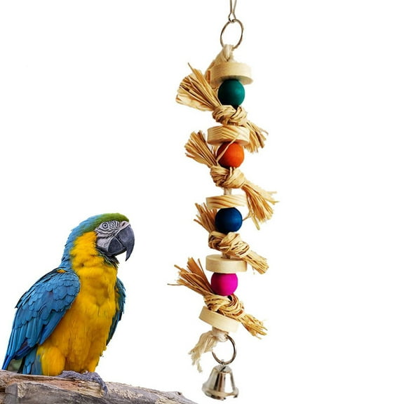 SPRING PARK Hanging Wood Toy for Pecking and Chewing, Wooden Beads Bell Straw Cotton Rope, Swing Chew Toy for Parrots