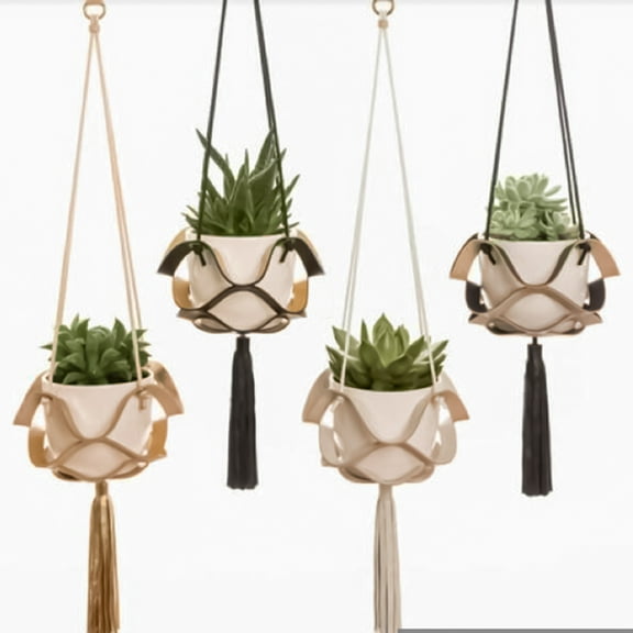 SPRING PARK Hollow Faux Leather Swing Plant Hanger Indoor Hanging Planter Basket Decorative Flower Pot Holder for Indoor Outdoor Home Decor