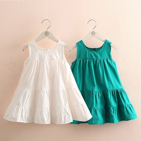 SPRING PARK Kid Girls Solid Color Dress Cotton Maxi Buttons Ruffle Hem Skirts Summer Costume