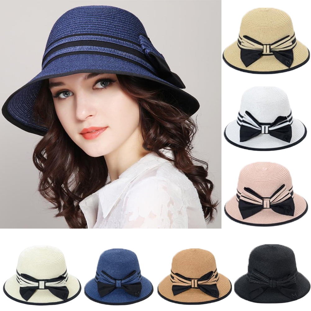 SPRING PARK Ladies Sun Hat,Contrast Color Brim Summer Hat,Beach Cap for  Womens,Bow Decor Bowknot Straw Beach Fisherman Hat 