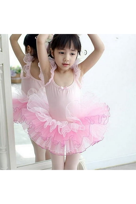 Little Girls' Princess Ruffled Mesh Ballet Dancing Pink Bow Tiered Dress Dancewear