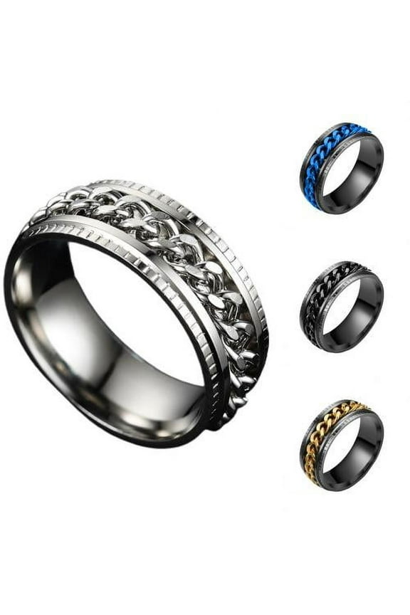 Men Fashion Ring,Stainless Steel Black Rotating Chain Inlaid Rings for Men Rings Finger Ring for Party