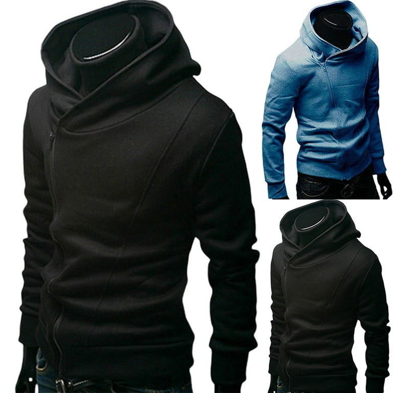 SPRING PARK Men Winter Stylish Solid Color Long Sleeve High Neck Diagonal Zipper Cotton Sports Hoodie Casual Coat Walmart
