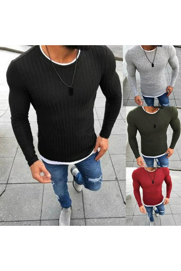 Men's Autumn Winter Solid Color O Neck Long Sleeve Knitted Pullover Slim Thin Sweater