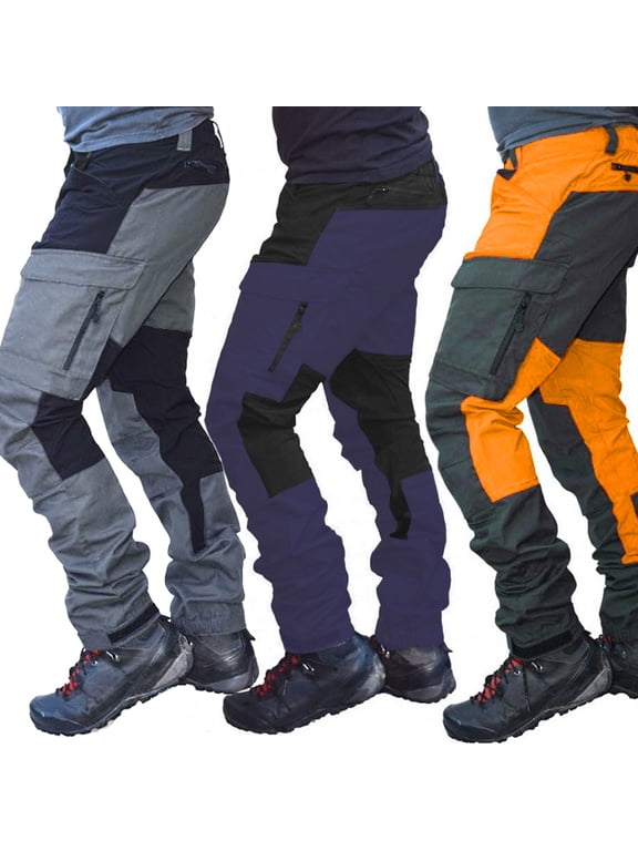 Men's Casual Autumn Winter Fashion Color Block Multi Pockets Sports Long Cargo Pants Work Trousers