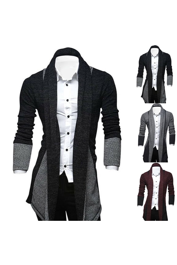 Men's Long Sleeve Gentle Color Block Patchwork Knitted Loose Plus Size Long Coat Cardigan Overcoat